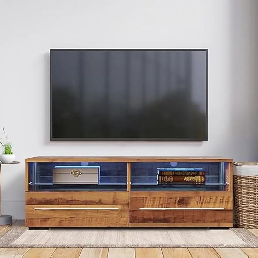 LED TV Stand for up to 43" TVs, Mid-Century Entertainment Center with Color Modes, 2 Drawers & Glass Shelves – Brown