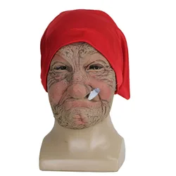 Whimsical Wrinkled Granny Latex Mask with Red Scarf for Halloween Costume Fun (Old Nana mask)
