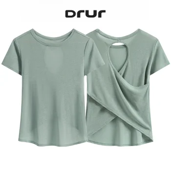 DRUR Women Yoga Tops Lightweight Quick Dry Summer Short Sleeve Sport Shirt Cross Back Hollow Out Running Tshirt Fitness Yogawear 1