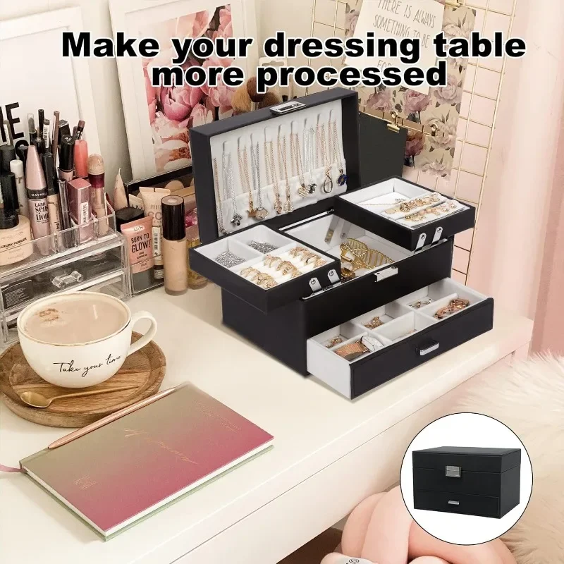 Jewelry Boxes for Women Girls, Jewelry Organizer Box, 3 Layers Storage Organizer for Earring