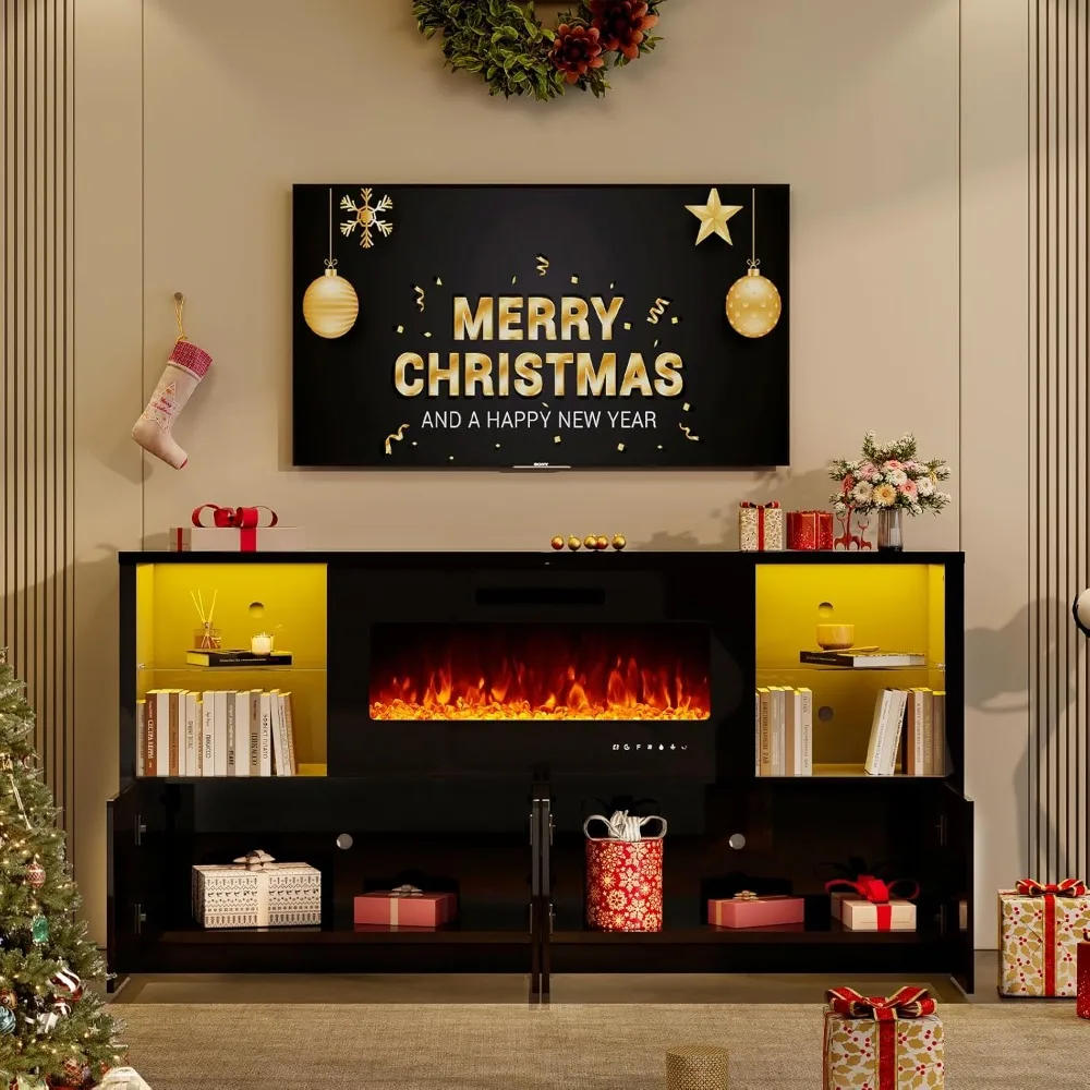Fireplace TV Stand for TVs up to 75", Modern High Gloss Entertainment Center with 40" Fireplace, 4 Shelves & Storage Cabinets 2