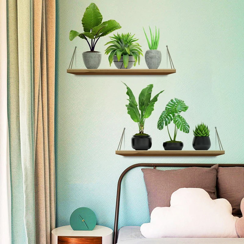 New green potted plant shelf stickers, background wall decoration living room and bedroom self-adhesive wall stickers