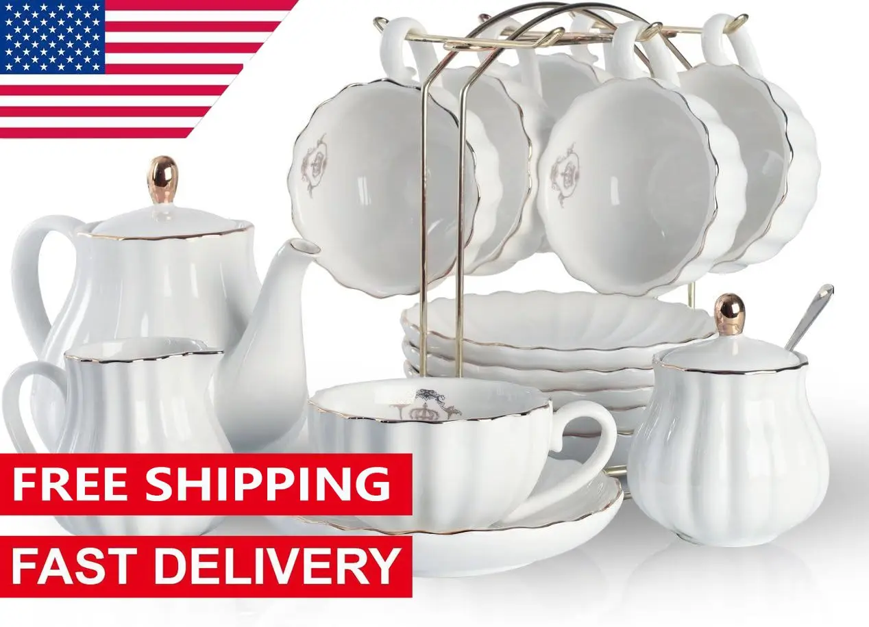 Porcelain Tea Sets British Royal Series, 8 OZ Cups& Saucer Service for 6, with Teapot Sugar Bowl Cream Pitcher Teaspoons