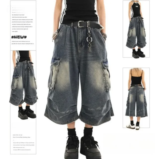 Short en Denim délavé bleu rétro taille haute pour femmes, Harajuku, Vintage, mode décontractée, ample, Y2K, Streetwear, jambes larges, pantalon court 1