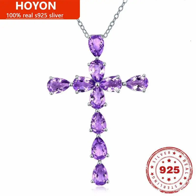 

HOYON silver 925 real 100% Inlaid Amethyst Pendant Beaded Necklace Synthetic Color Stone Cross Pendant Female Clavicle Chain