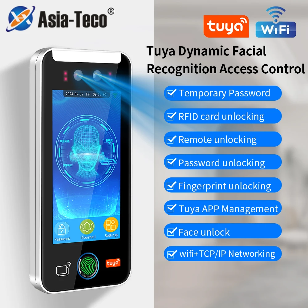 Asie Teco début mondial 5 pouces 5000 utilisateurs TCP/IP WIFI Tuya App reconnaissance faciale dynamique contrôle d'accès Machine de présence empreinte digitale