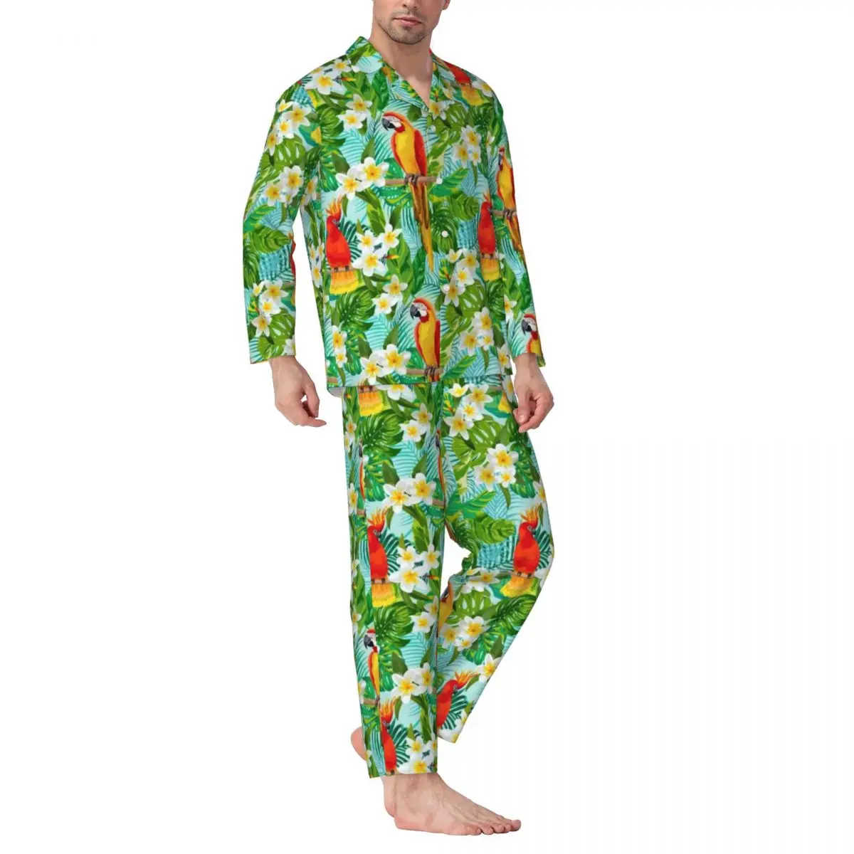 Pajamas Men Tropical Floral Print Daily Nightwear Parrot And Leaf 2 Pieces Casual Loose Pajamas Set Soft Oversized Home Suit