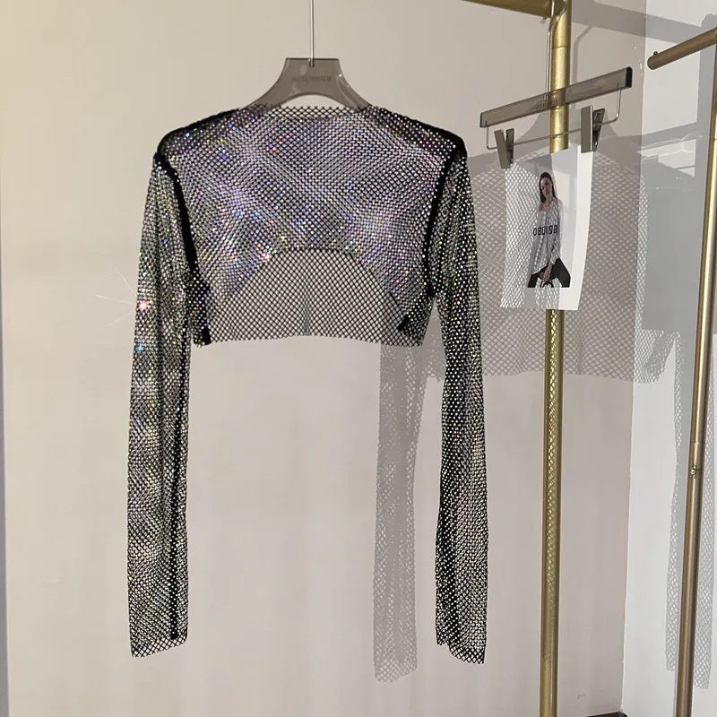 Feminine Sexy Style Long Sleeve Crystal Rhinestone Hollowed Out Fishnet Cover Ups Party Clubwear Crop Without Tube Top Wholesale