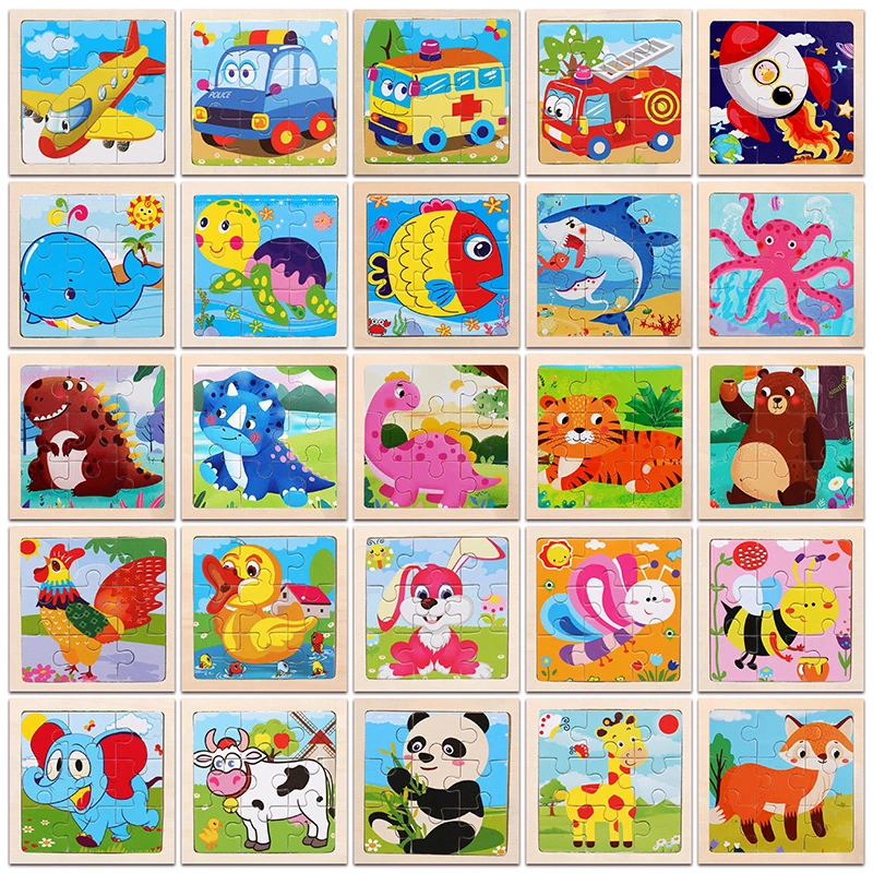 11x11cm Kids Wooden Puzzle Cartoon Ocean Animal Dinosaur Transportation Jigsaw Tangram Wood  Educational Toys for Children Gifts