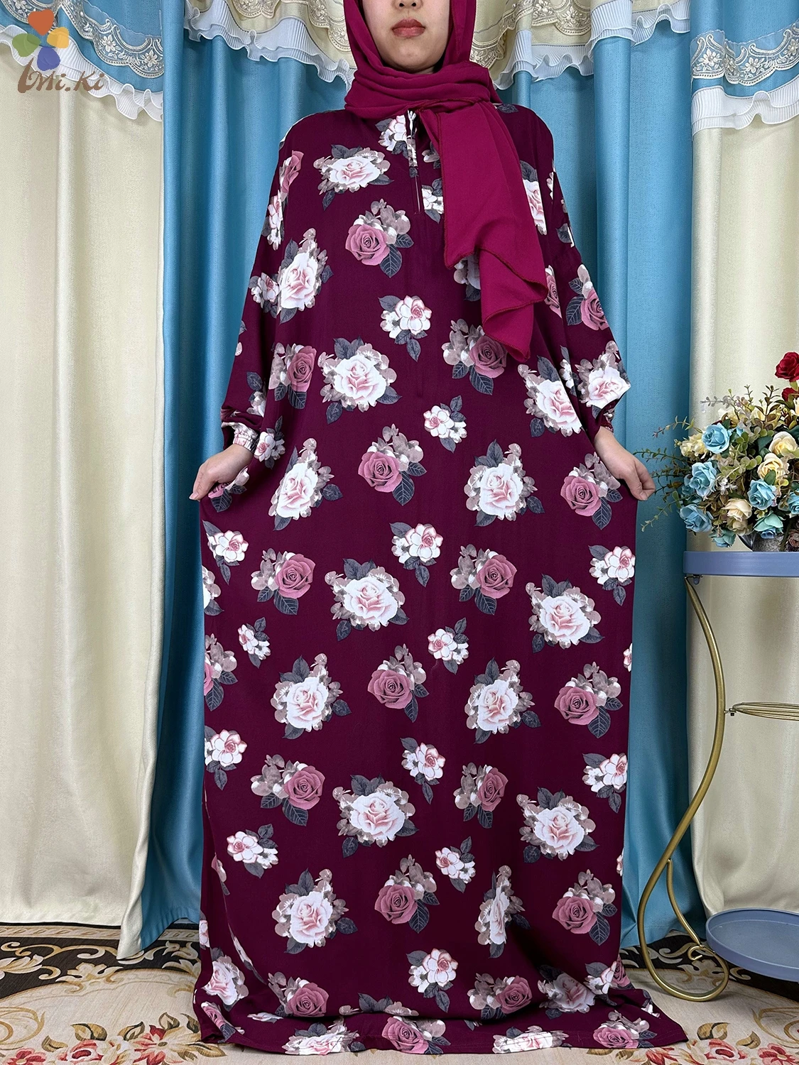 New African Abaya Woman Dress Ramadan Prayer Clothing Turkey Middle East Femme Robe Floral Loose Muslim Rayon Dress Turban Joint