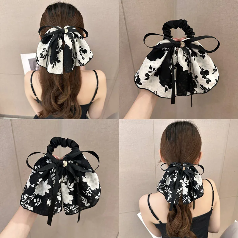 New Classy Women's Floating Ribbon Bow Ponytail Hair Ring Retro Ink Broken Flower Hairband Headband Girls Hair Accessories Gifts custom personalized hexagon velvet double slots ring box wedding mrs ring box engagement proposal ring display holder retro gift