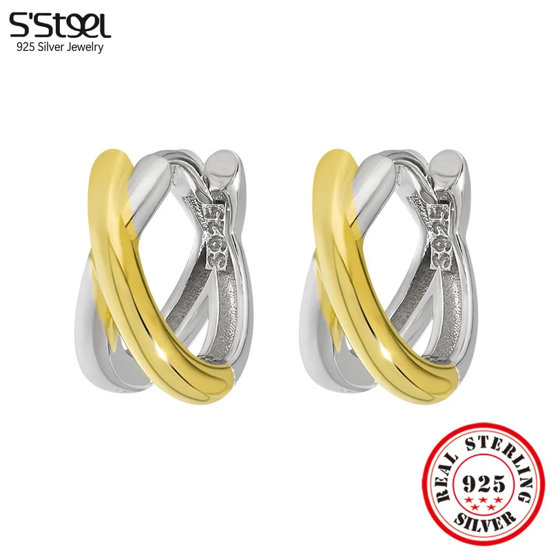 

S'STEEL Genuine 925 Silver Crossed Double Hoop Earing For Women Retro Luxury Designer Hypoallergenic Earrings Promise Jewelry