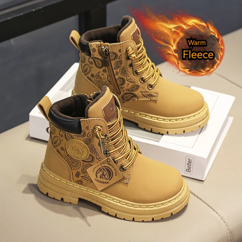 

New Fashion Winter Children's Martin Boots with Fur for Boys&girls Trendy Teenager Leather Totem Print Shoes Big Size 30-39EURO