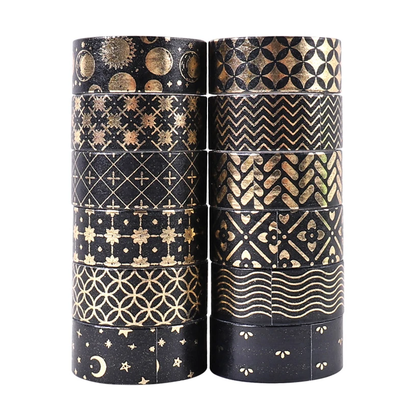12Pcs Black Washi Tape Scrapbooking Supplies Gold Foil Masking Tape Diary Geometry School Supplies Cinta Adhesiva Decorativa 5