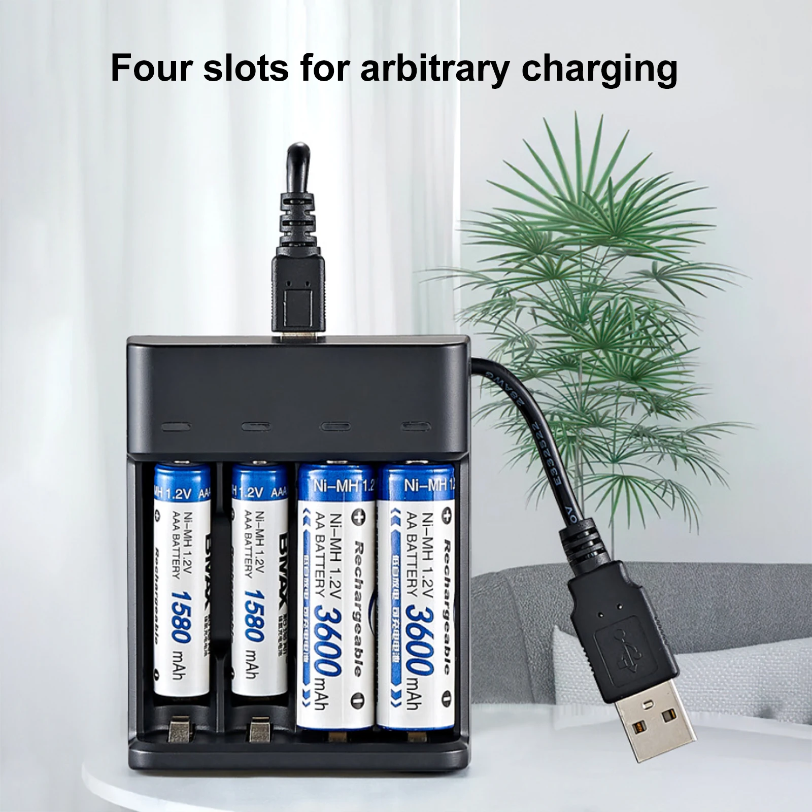 Smart 4-Slot Battery Charger for AA/AAA Ni-MH Batteries Fast Charging USB Plug and Play Rechargeable Battery Charging Dock