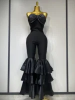 Women Luxury Birthday Sexy Strapless Ruffles Bodycon Flare Black Bandage Jumpsuit 2025 Celebrity Designer High Street Rompers