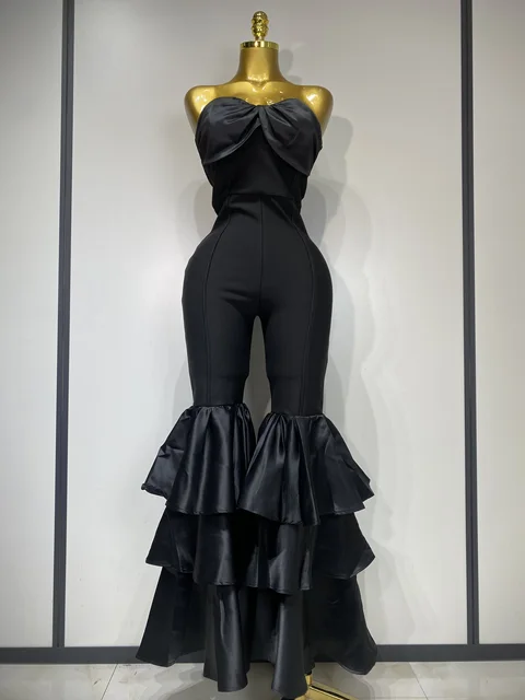 Women Luxury Birthday Sexy Strapless Ruffles Bodycon Flare Black Bandage Jumpsuit 2025 Celebrity Designer High Street Rompers
