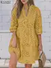 ZANZEA Holiday Lace Patchwork Knee-length Vestidos 3/4 Sleeve Hollow Out Embroidered Casual Loose Women Robe Fashion Short Dress