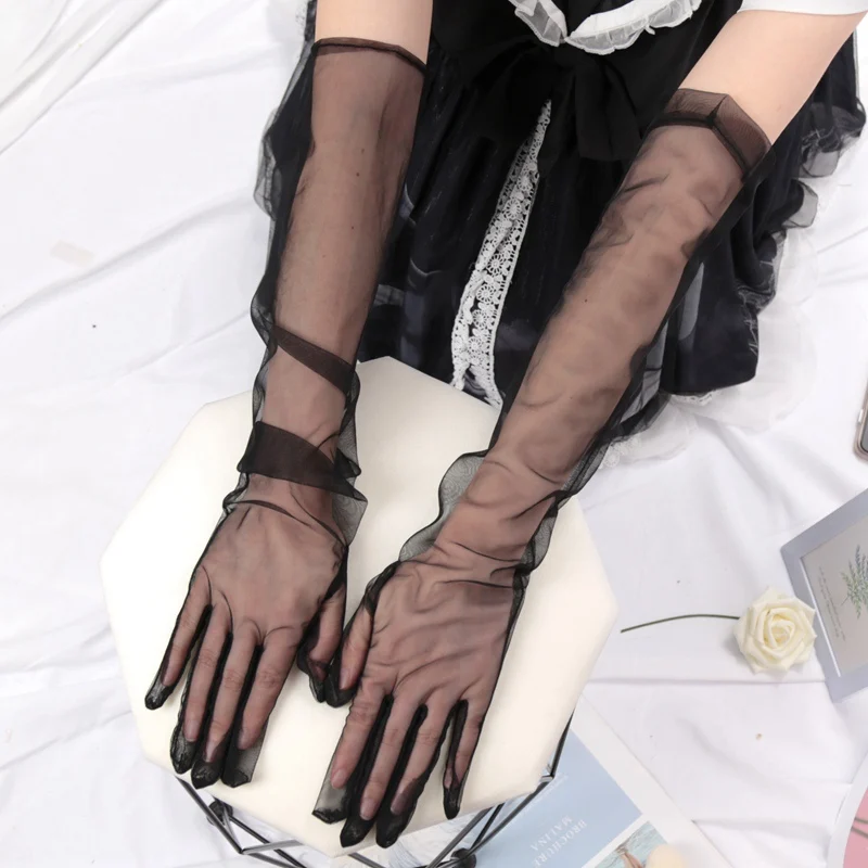 New Women Sexy Lace Gloves White Black Mesh Ultra Thin Elastic Lady Summer Sunscreen Mittens for Lady Driving Elbow Long Gloves