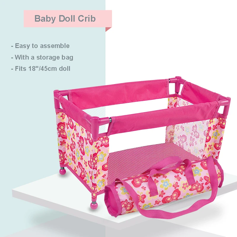 Cuna de muñeca bebé con corral plegable compacto con bolsa de almacenamiento para niñas, niños pequeños, juguete de cama, juego de muebles para muñecas, juego de simulación para niños, regalo azul