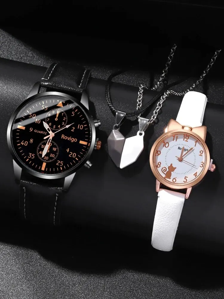 Quartz Watch 4pcs Men and Women Couple Watch with Love Pendant Necklace
