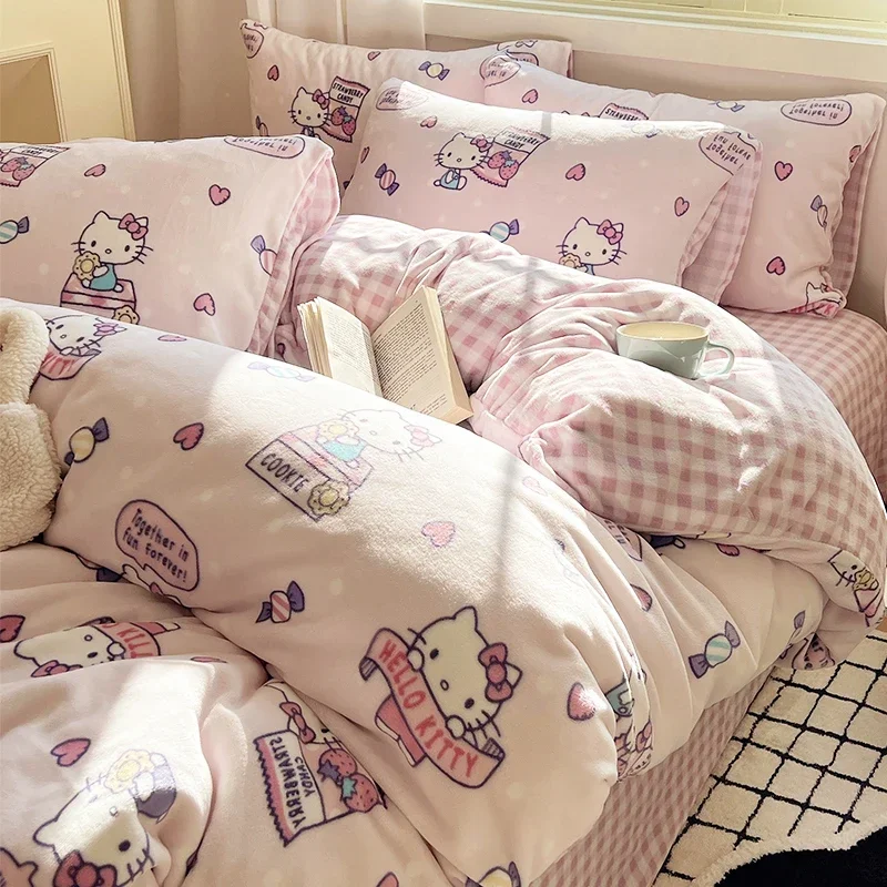 

Cartoon Sanrio Bed Sheets 4piece Set Winter Milk Plush Quilt Anime Hellokittys Pochacco Thickened 1.5m 3piece Set Pillow Cover