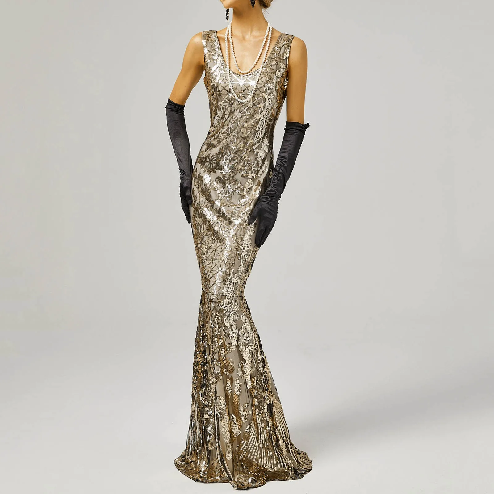 

Women Evening Dress 1920s Flapper Sleeveless Sequin Bronzing Mermaid Long Sundresses Vintage Formal Gown Cocktail Party Dresses