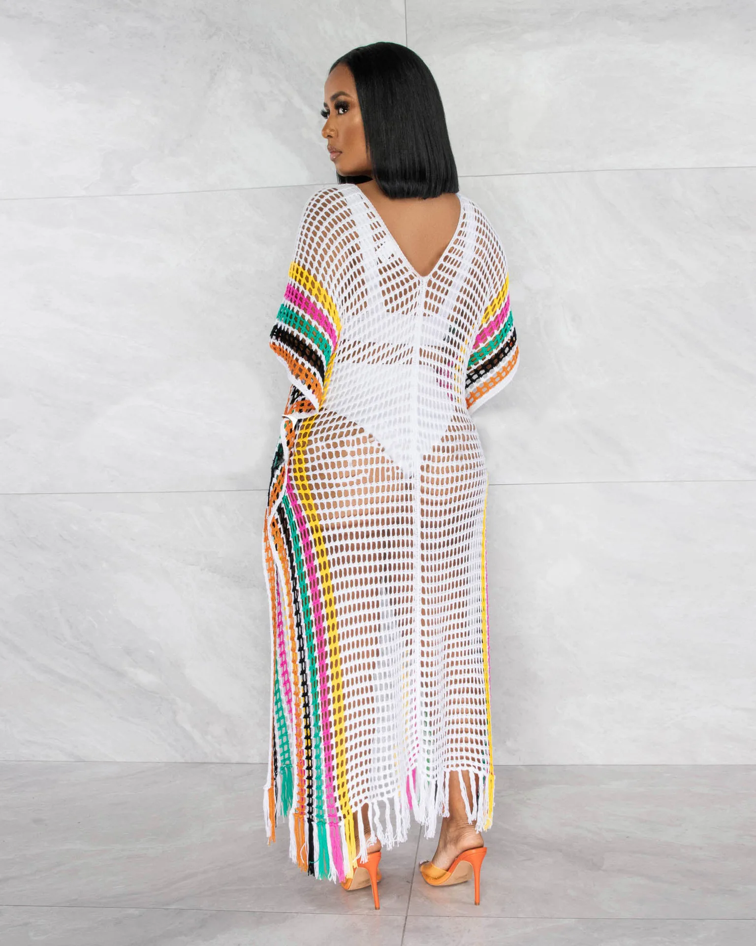 Summer Women Sexy Mesh Hollow Out Tassel Vacation Beach Dress Collision Color V-Neck Bikini Beach Cover Up Swimsuit Swimwear