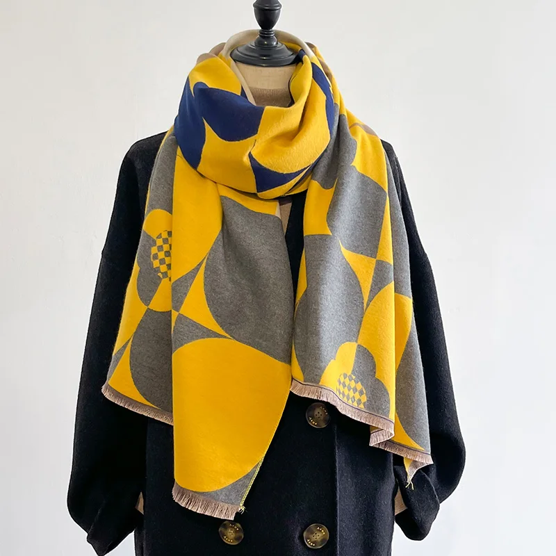 Luxury Brand Two-Sided Jacquard Scarf Imitation Cashmere Soft Warm Fringe Pashmina Shawl Winter Coldproof Windproof Blanket