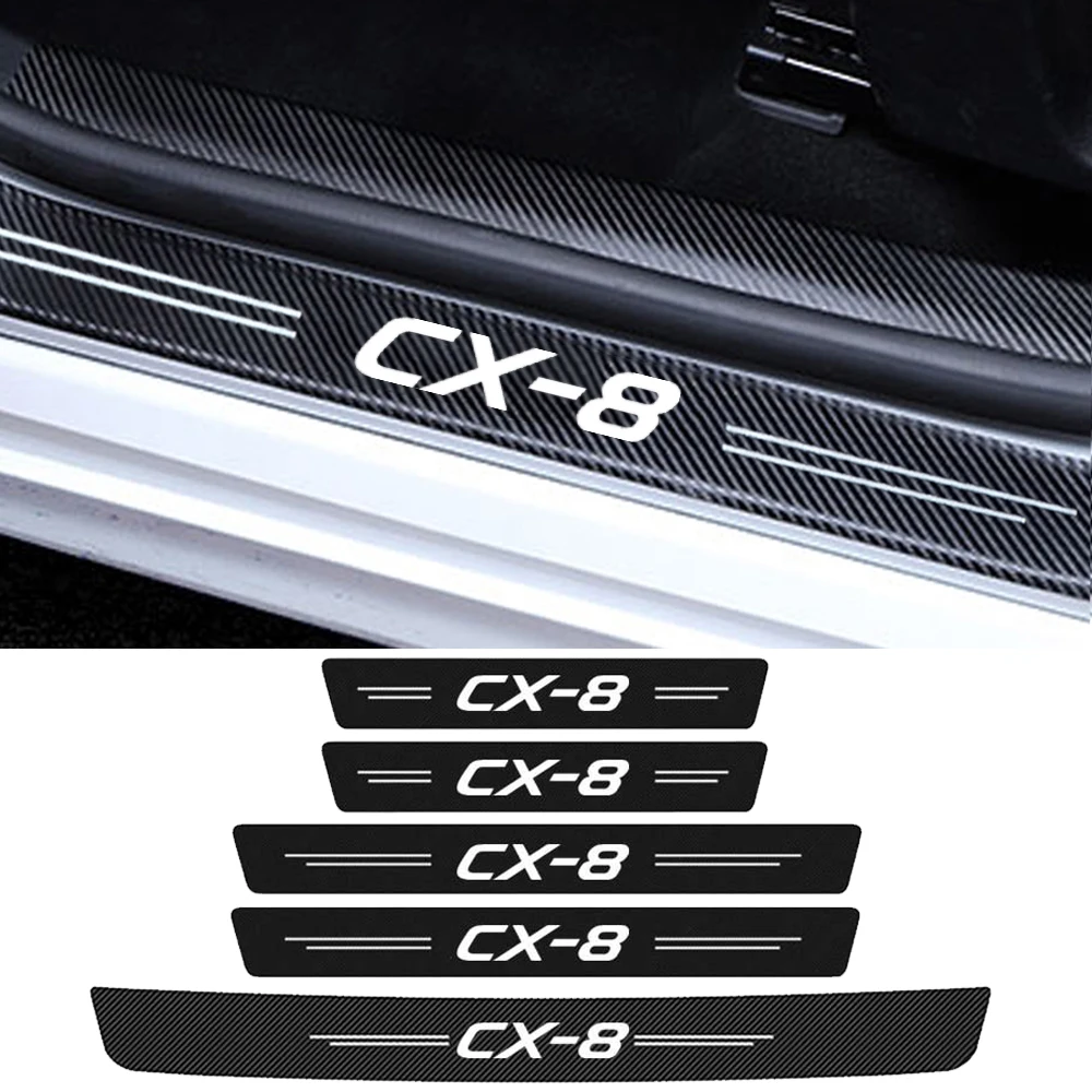 

Car Door Sill Strips Carbon Fiber Leather Scratch Resistant Threshold Stickers For Mazda CX-8 CX8 Logo Trunk Bumper Guard Decals