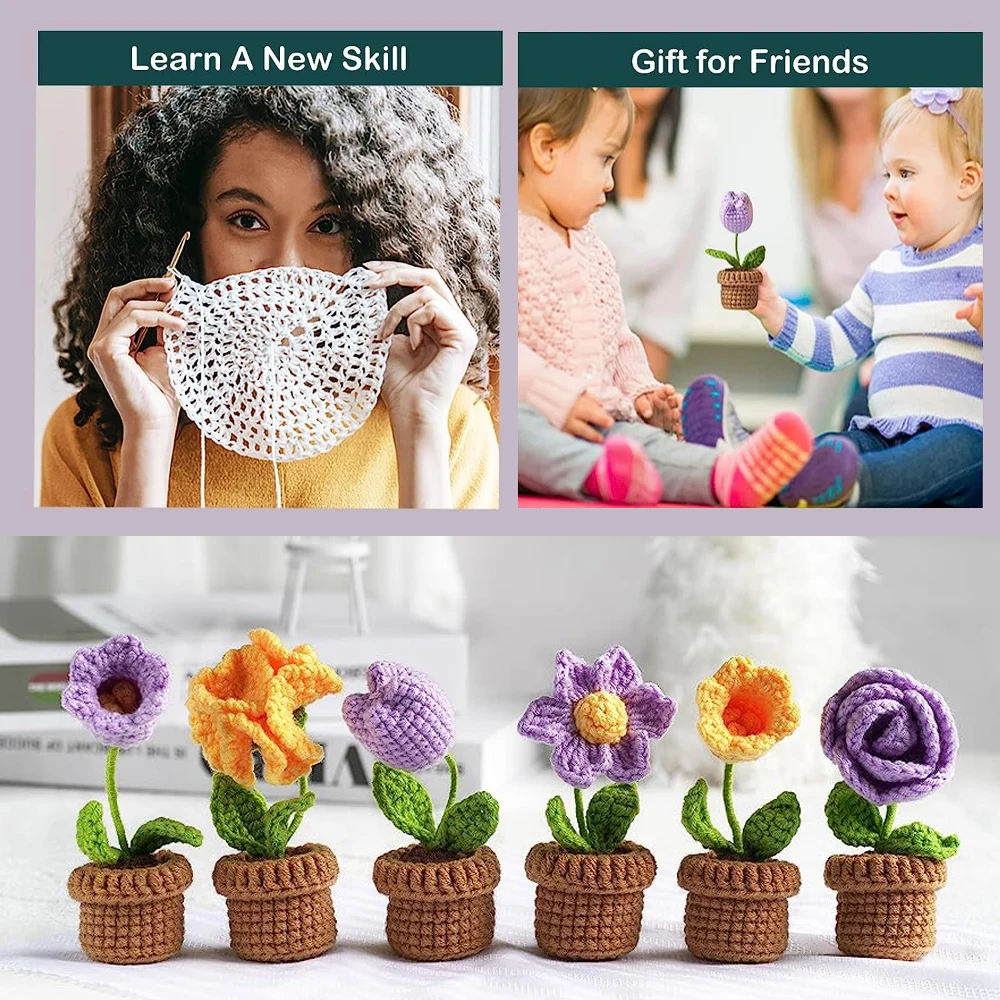 6Pcs Crochet Potted Kit, Crochet Kit for Beginners Adults and Kids, Easy  Sunflower Craft Kit with Detailed Step-by-Step Instructions,White 