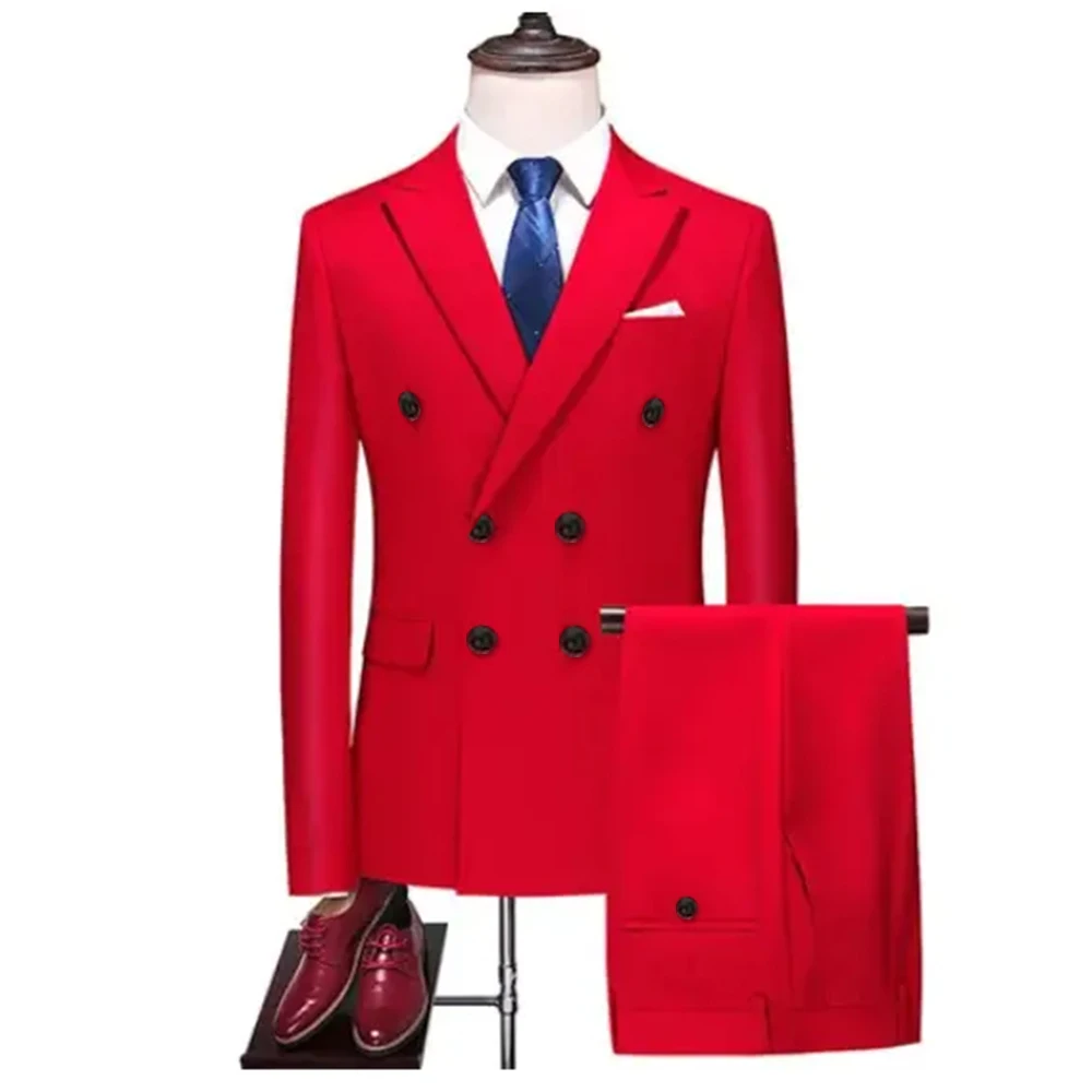 Slim Fit Red Men's Suits Double Breasted Peak Lapel 2 Piece Jacket Pants Blazer Set Fashion Causal Daily Business Gentleman Prom