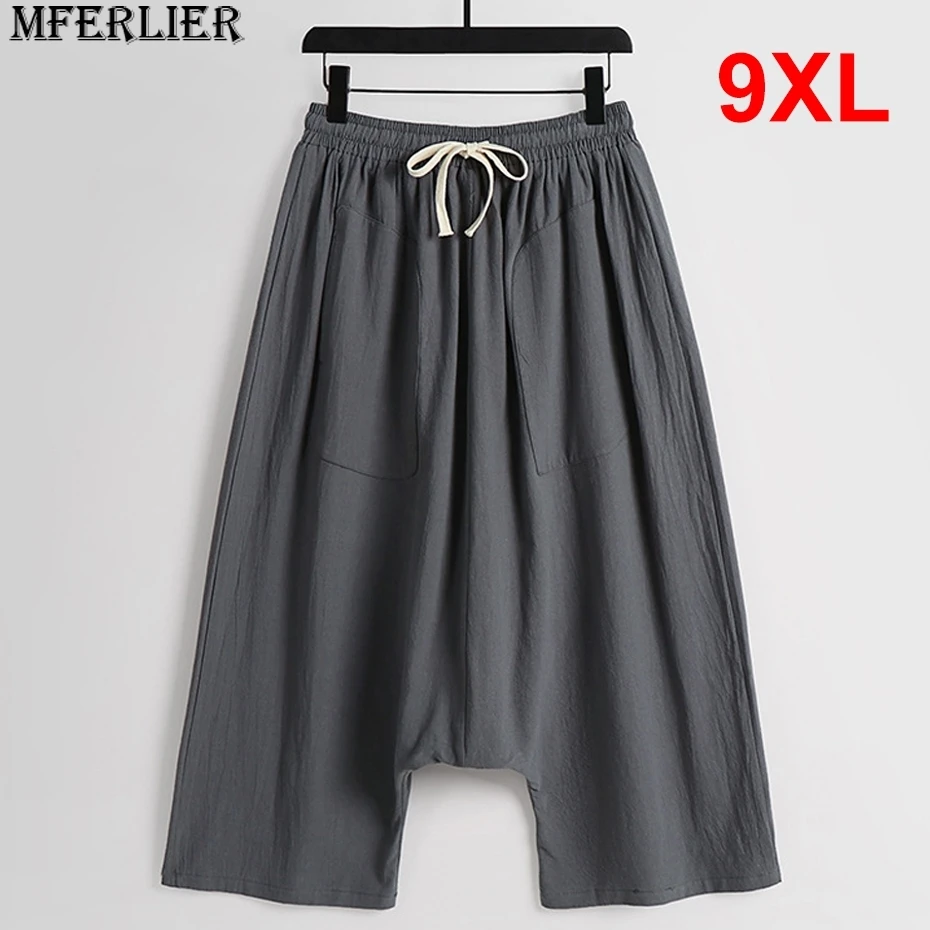 

Linen Pants Men Summer Calf-length Pants Plus Size 9XL Cross-pants Male Fashion Casual Solid Color Bottom Big Size