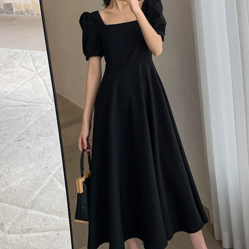 

Dress New Summer Tea Break Dress Temperament One Line Neck Over Knee Long Hepburn Style Small Black Dress