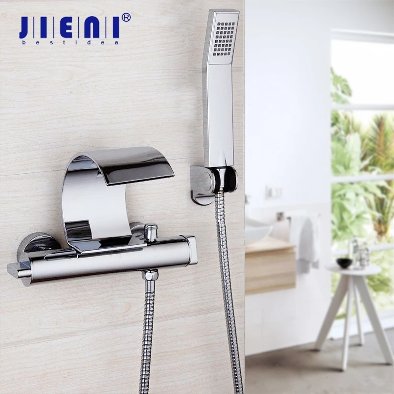 

JIENI Chrome Polish Bathroom Bathtub Wall Mount Chrome Polished Solid Brass Waterfall Spout W/ Hand Sprayer Faucet Set