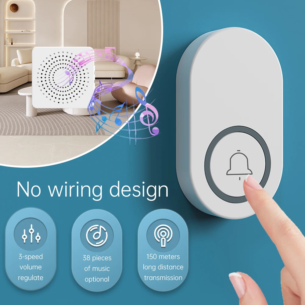 Wireless Doorbell Long-Distance 150M 38 Melody Safety Alarm CR2032 Battery Powered