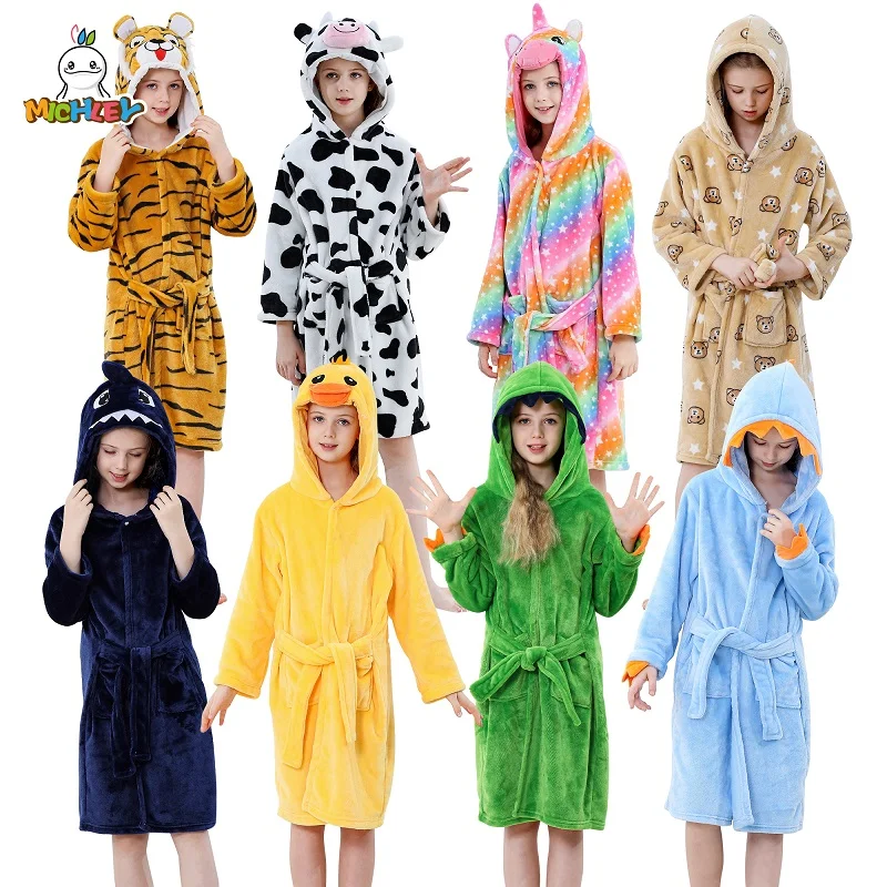 MICHLEY Cartoon Dinosaur Flannel Kids Bathrobe Bath Robe Pajamas Hooded Sleepwear for Girls Boys 3Y-13Y