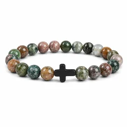 Natural Stone & Wood Bead Meditation Bracelet with Hematite Cross (Cobalt violet)