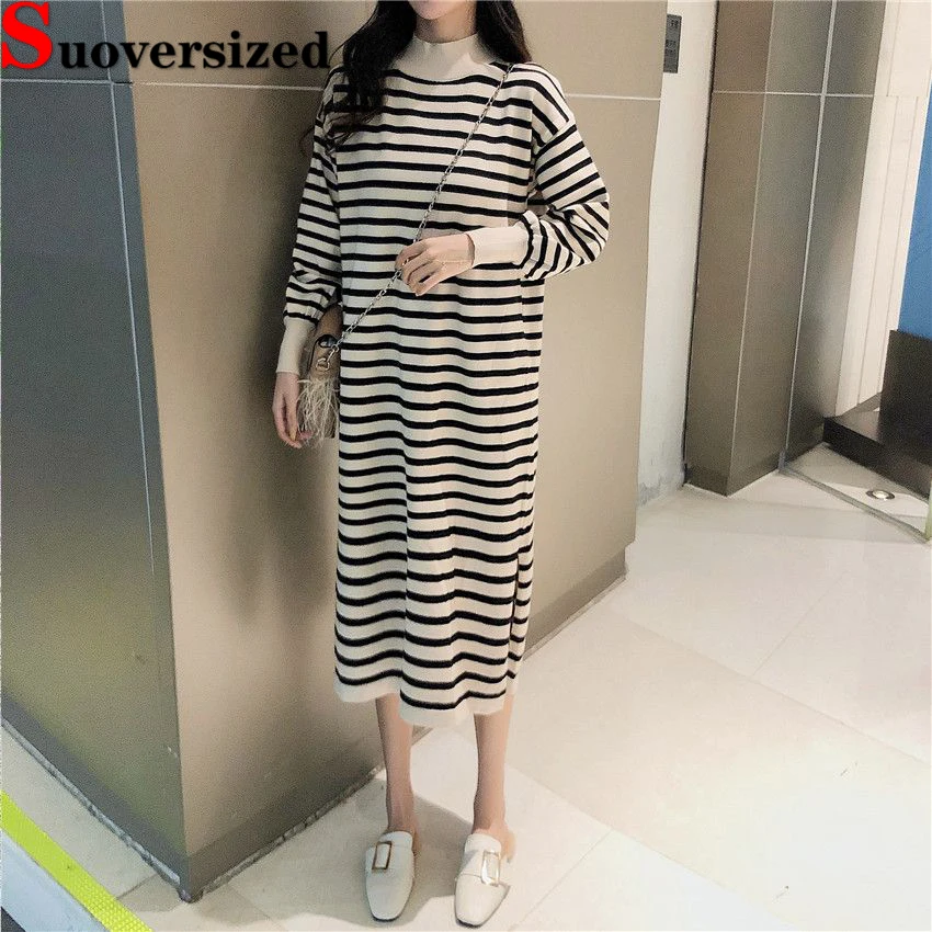 

Casual Striped Spliced Knit Dress Loose Mock Neck Split Dresses Long Sleeve Sweater Bottomed Elbise Autumn Winter Women Vestidos