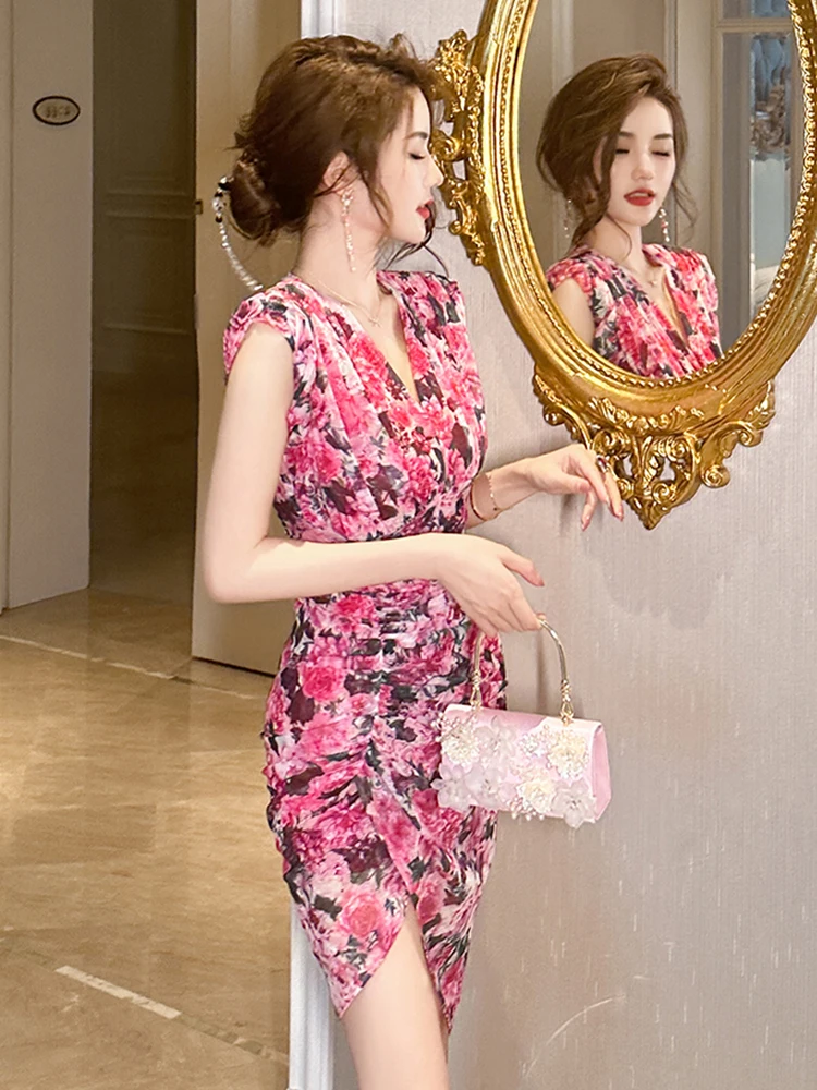 女性のためのエレガントなミニドレス,韓国の女性のための愛らしいドレス,レトロ,ピンク,赤,プリーツ,ハイウエスト,スリット,パーティードレス,2023