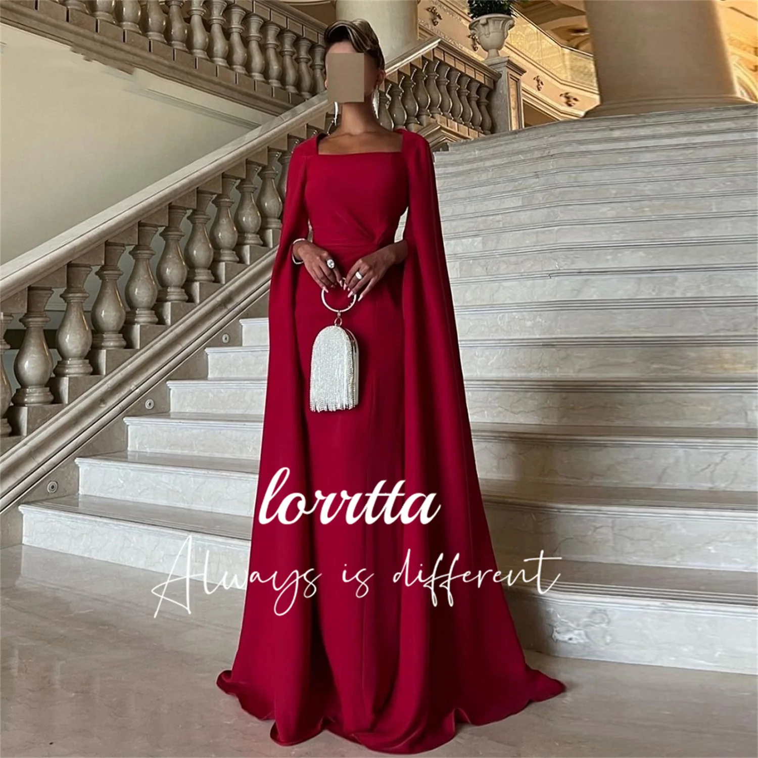 

Lorrtta Burgundy Chiffon Square Neck Long Sleeve Cap Sleeve Dubai Formal Occasion Evening Dress Floor-length فساتين طويلة السهرة