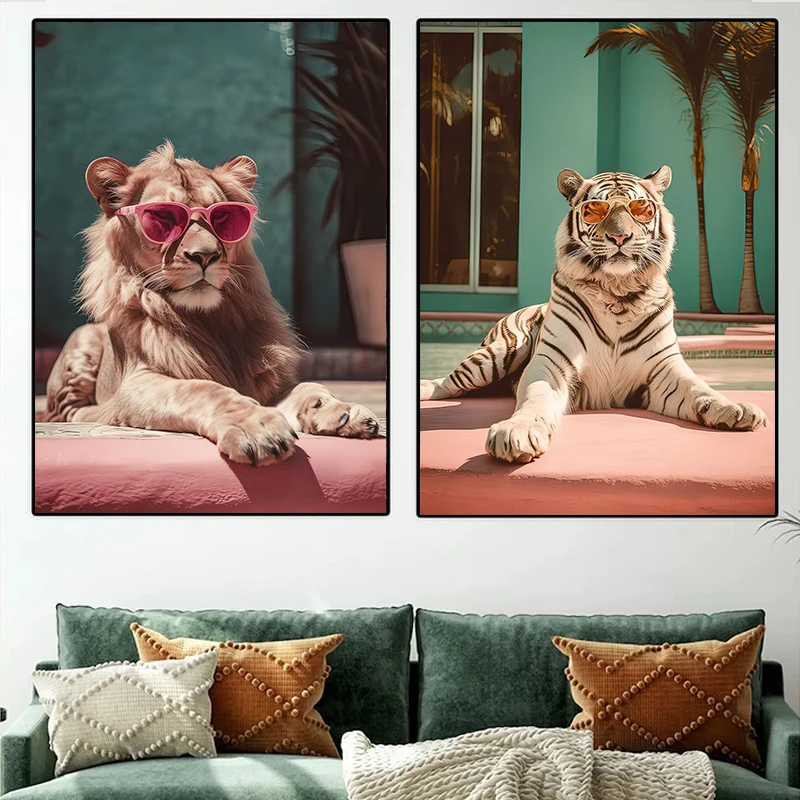 Pink Fashion Animal with Sunglass Art Poster and Prints Cool Tiger