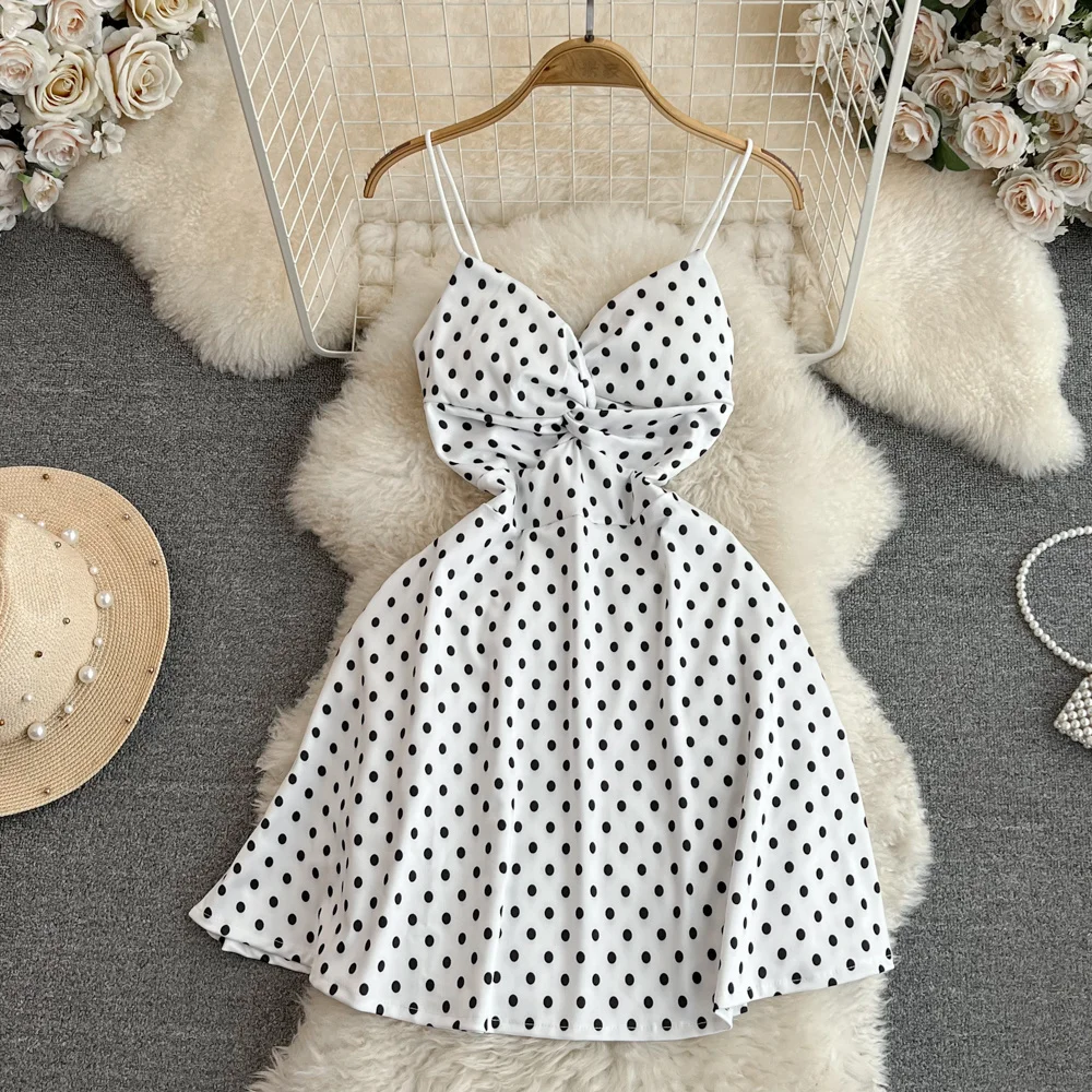 

Retro Style Polka Dot Print Spaghetti Strap Dress for Women Sexy Twist V Neck Sleeveless Backless A Line Mini Club Party Dress