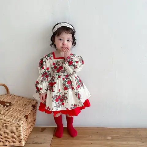 Girls Princess Dress Spring Spring Floral Baby Children's Lolita Square Collar Gown Dress Korean Red Vintage Dresses Clothes