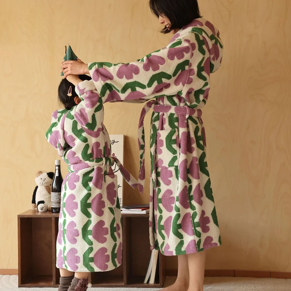 Terry Towel Long Kimono Bathrobe Thicken Long Staple Cotton Hooded Robe Print Tulips Sleepwear Women Girls Home Wear Nightdress