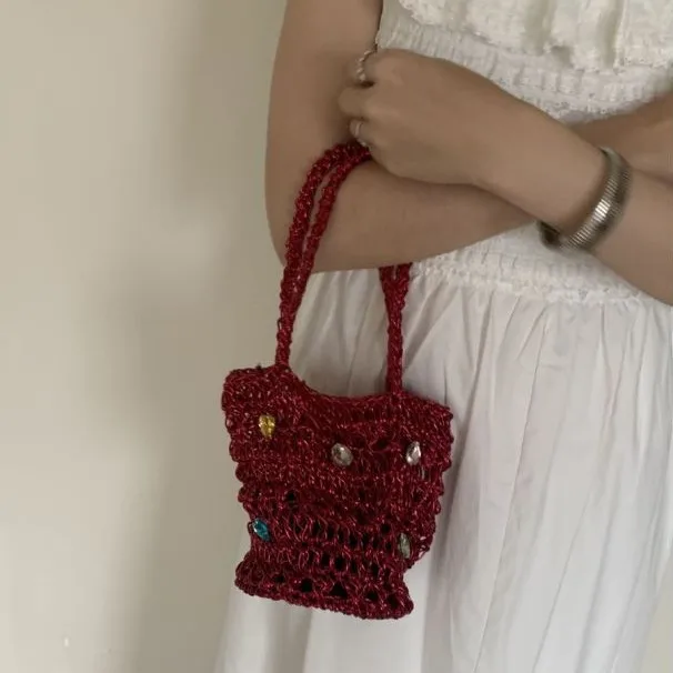 Ladies Summer Macrame Bucket Bag Phone Purse Handmade Hollow Out Cotton Rope Crochet Bag Small Handbag For Girls