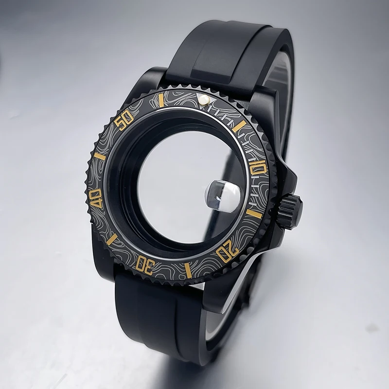 All-Black Sub Style Watch Case with Rubber Strap and Sapphire Crystal