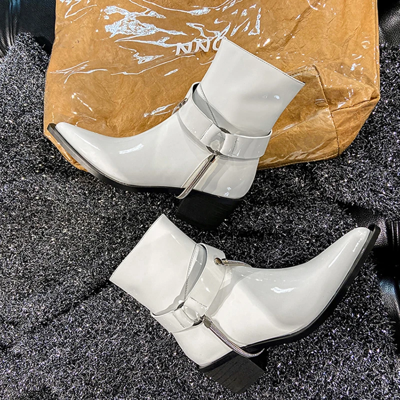 

2022 New Spring Autumn Casual Genuine Leather Metal Chain Decor Ankle Boots Women's Pointed Toe Chunky Heels Short Boots Mujer