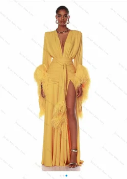 Yellow Feather Women Pregnant Prom Dress For Photo Shoot Sexy V Neck Night Gown Bridal Morning Robe Customized Long Party Skirt 1