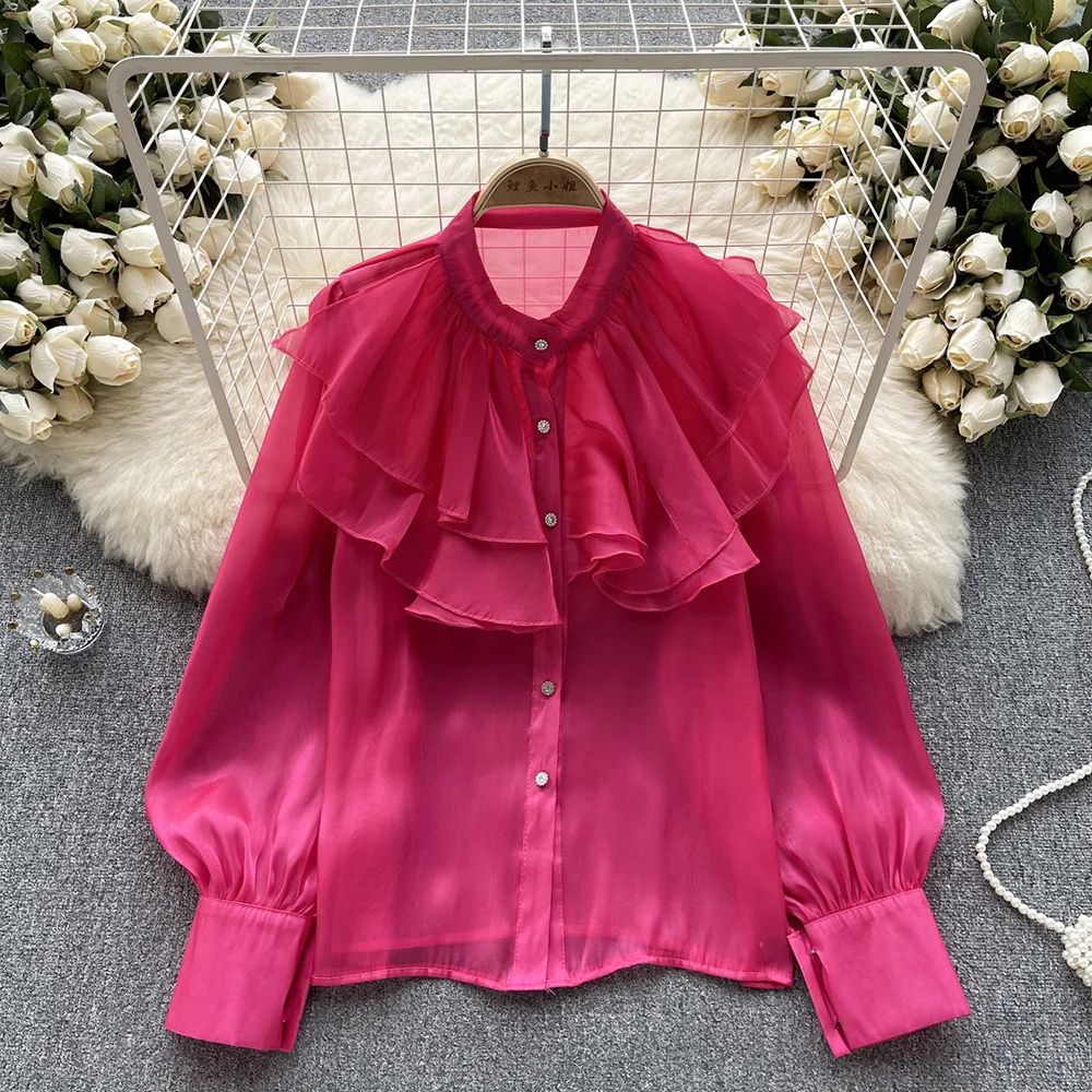 

Croysier Shirts For Women 2023 Fashion High Street Ruffle Elegant Solid Satin Shirt Front Button Up Shirt Autumn Long Sleeve Top